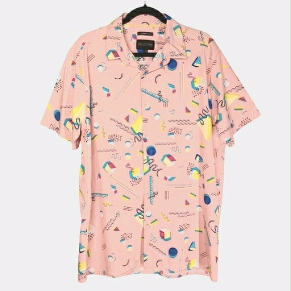 DRILL CLOTHING COMPANY Stretch Pink Geometric Short Sleeve Button Front Shirt L - Picture 3 of 8